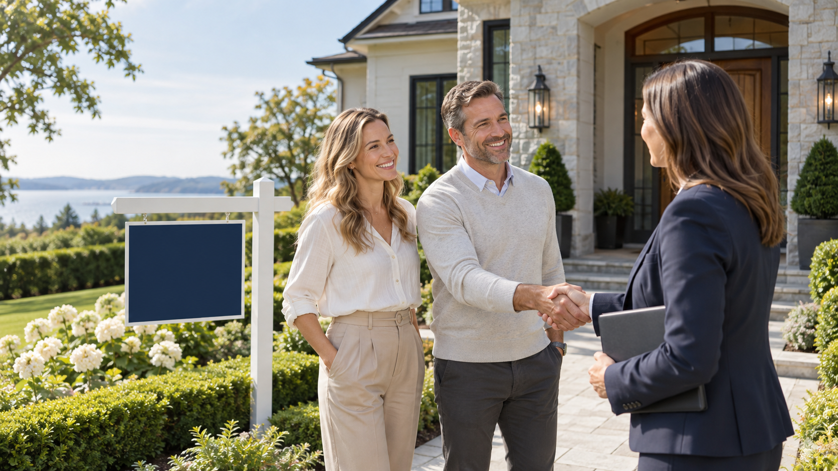 A smiling couple shakes hands with a real estate agent outside a luxury home, with a for-sale sign in the front yard.